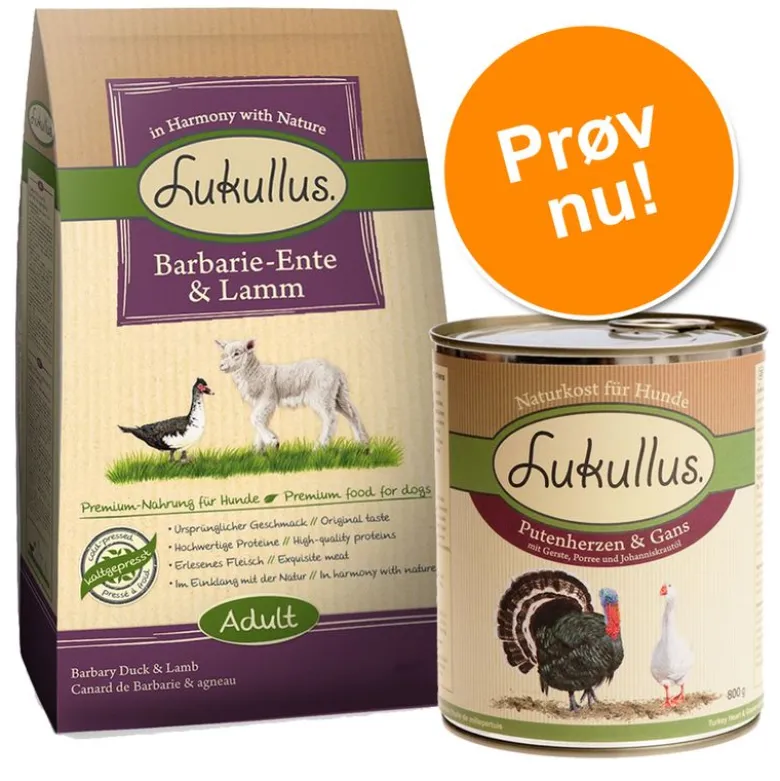 Lukullus Prøvepakke: 1,5 kg / 5 kg tørfoder + 6 x 400 g vådfoder