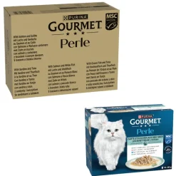 96 x 85 g Purina Gourmet Perle + 12 x 85 g Delikate bidder fra havet i sauce gratis!