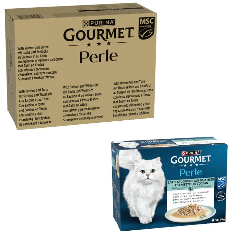 96 x 85 g Purina Gourmet Perle + 12 x 85 g Delikate bidder fra havet i sauce gratis!